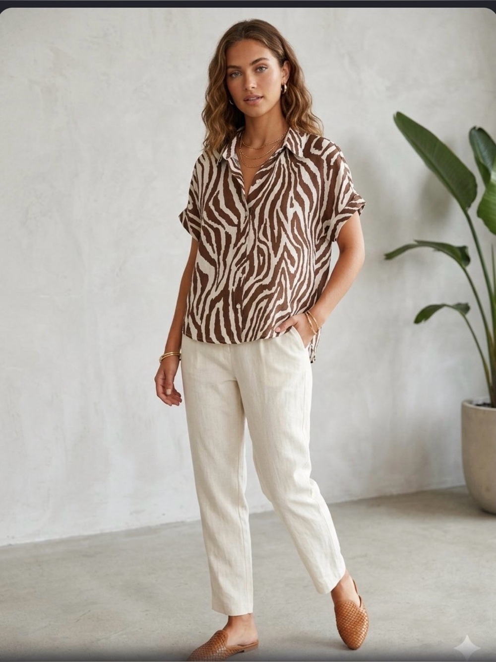 RACHEL ZOE Brown and White Zebra Print Short Sleeve Button-Down Top